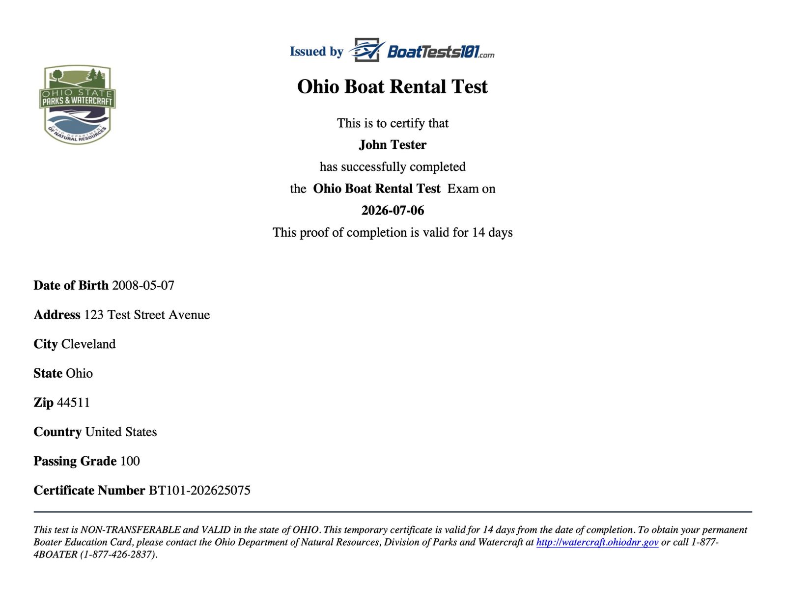 image of ohio rental certificate